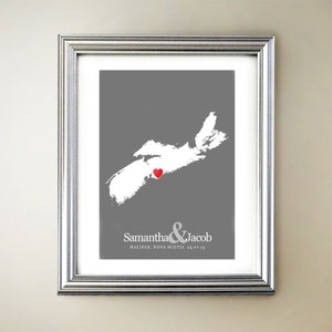 Nova Scotia Custom Vertical Heart Map Art - Personalized names, wedding gift, engagement, anniversary date