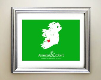 Ireland Custom Horizontal Heart Map Art - Personalized names, wedding gift, engagement, anniversary date