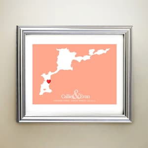 Arte do mapa do coração horizontal personalizado da Virgin Gorda - Nomes personalizados, presente de casamento, noivado, data de aniversário