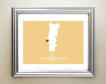 Portugal Custom Horizontal Heart Map Art - Personalized names, wedding gift, engagement, anniversary date