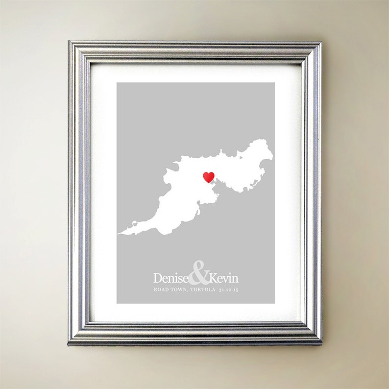 Tortola Custom Vertical Heart Map Art Personalized names, wedding gift, engagement, anniversary date image 1