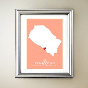 Art vertical personnalisé de carte de coeur d'Orange County - Noms personnalisés, cadeau de mariage, fiançailles, date d'anniversaire
