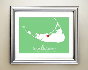 Nantucket Custom Horizontal Heart Map Art - Personalized names, wedding gift, engagement, anniversary date