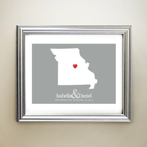 Missouri aangepaste horizontale hartkaartkunst - gepersonaliseerde namen, huwelijkscadeau, verloving, jubileumdatum