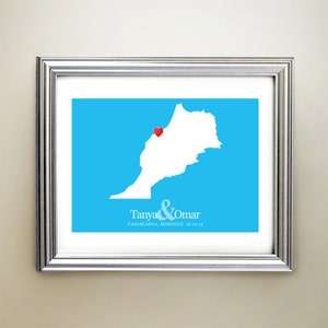 Art horizontal personnalisé de carte de coeur du Maroc - Noms personnalisés, cadeau de mariage, fiançailles, date d'anniversaire
