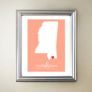 Mississippi aangepaste verticale hartkaartkunst - gepersonaliseerde namen, huwelijkscadeau, verloving, jubileumdatum