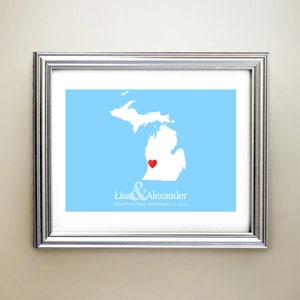 Michigan aangepaste horizontale hartkaartkunst - gepersonaliseerde namen, huwelijkscadeau, verloving, jubileumdatum