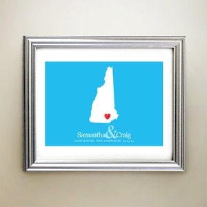 New Hampshire aangepaste horizontale hartkaartkunst - gepersonaliseerde namen, huwelijkscadeau, verloving, verjaardag