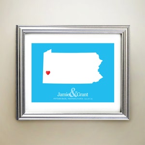 Pennsylvania aangepaste horizontale hartkaartkunst - gepersonaliseerde namen, huwelijkscadeau, verloving, jubileumdatum