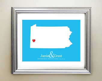 Pennsylvania Custom Horizontal Heart Map Art - Personalized names, wedding gift, engagement, anniversary date