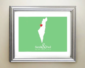 Israel and Palestine Custom Horizontal Heart Map Art - Personalized names, wedding gift, engagement, anniversary date