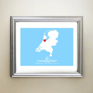 Carte cardiaque horizontale personnalisée des Pays-Bas - Prénoms personnalisés, cadeau de mariage, fiançailles, date d'anniversaire