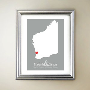 West-Australië aangepaste verticale hartkaartkunst - gepersonaliseerde namen, huwelijkscadeau, verloving, verjaardag