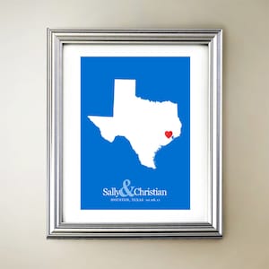 Texas aangepaste verticale hartkaartkunst - gepersonaliseerde namen, huwelijkscadeau, verloving, jubileumdatum