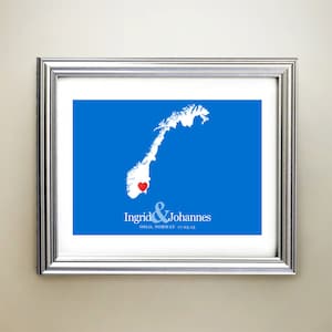 Noorwegen aangepaste horizontale hartkaartkunst - gepersonaliseerde namen, huwelijkscadeau, verloving, jubileumdatum