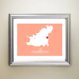 Aangepaste horizontale hartkaartkunst Guernsey - gepersonaliseerde namen, huwelijkscadeau, verloving, verjaardag