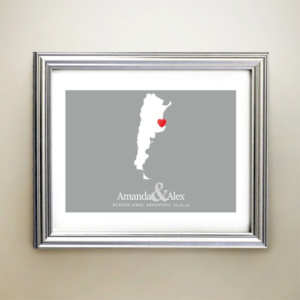 Argentina Custom Horizontal Heart Map Art - Personalized names, wedding gift, engagement, anniversary date