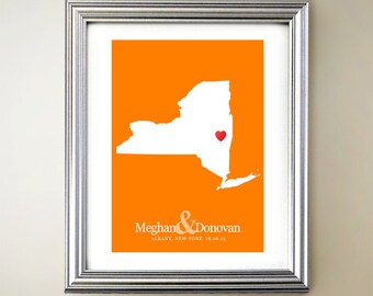 New York Custom Vertical Heart Map Art - Personalized names, wedding gift, engagement, anniversary date