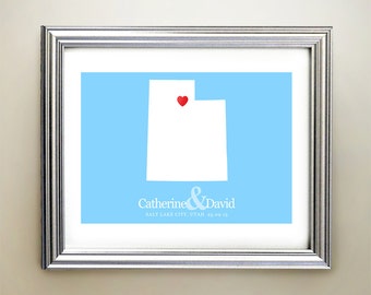 Utah Custom Horizontal Heart Map Art - Personalized names, wedding gift, engagement, anniversary date