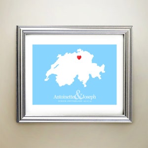 Aangepaste horizontale hartkaartkunst Zwitserland - gepersonaliseerde namen, huwelijkscadeau, verloving, verjaardag