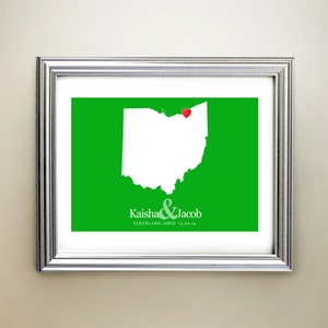 Ohio aangepaste horizontale hartkaartkunst - gepersonaliseerde namen, huwelijkscadeau, verloving, jubileumdatum