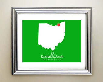 Ohio Custom Horizontal Heart Map Art - Personalized names, wedding gift, engagement, anniversary date