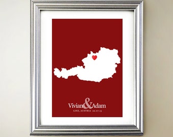 Austria Custom Vertical Heart Map Art - Personalized names, wedding gift, engagement, anniversary date