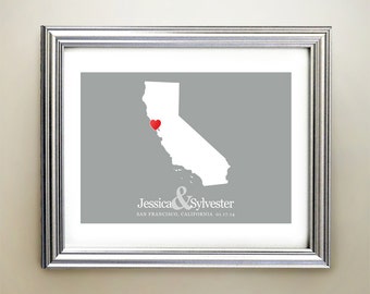 California Custom Horizontal Heart Map Art - Personalized names, wedding gift, engagement, anniversary date