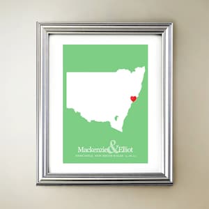 New South Wales aangepaste verticale hartkaartkunst - gepersonaliseerde namen, huwelijkscadeau, verloving, verjaardag