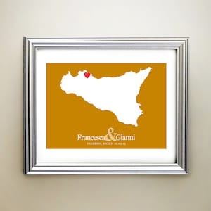 Art horizontal personnalisé de carte de coeur de Sicile - noms personnalisés, cadeau de mariage, fiançailles, date d'anniversaire