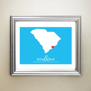 South Carolina Custom Horizontal Heart Map Art - Personalized names, wedding gift, engagement, anniversary date