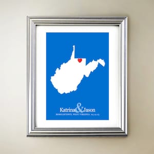 West Virginia aangepaste verticale hartkaartkunst - gepersonaliseerde namen, huwelijkscadeau, verloving, verjaardag
