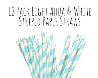 Light Aqua Blue and White Striped Paper Straws, Sky Blue Striped Straws, Soda Fountain Straws, Party Supplies, Party Decorations