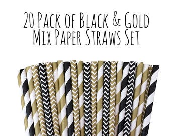 Mezcla de pajitas de papel negro y dorado, paquete de 20 pajitas con estampado Chevron, pajitas a rayas, noche de cine, pajitas vintage, artículos para fiestas, decoración de fiestas, bebidas