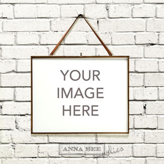 Horizontal Gold Brass Frame Mockup On White Brick Background Horizontal Gold Brass Frame Mockup On White Brick Background