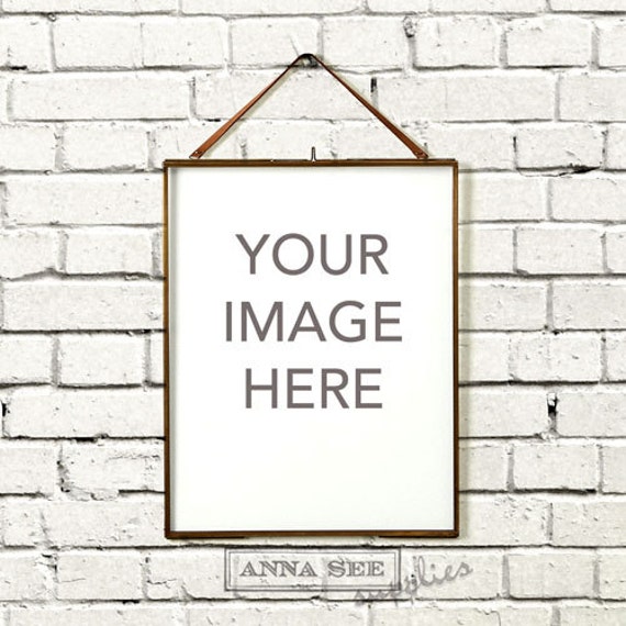 Vertical Gold Brass Frame Mockup On White Brick Background