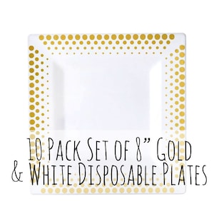 8" Disposable Metallic Gold and White Polka Dots Plates, Plastic Cake Plates, Small Plate, Square Plate, Wedding, Yard Party Dining