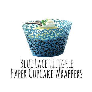 Blue Lace Cutout Cupcake Wrappers, Leaf Vine Filigree Cupcake Wrappers, Cupcake Liners, Laser Cut Cupcake Wrappers, DIY Wedding