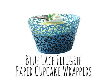 Blue Lace Cutout Cupcake Wrappers, Leaf Vine Filigree Cupcake Wrappers, Cupcake Liners, Laser Cut Cupcake Wrappers, DIY Wedding