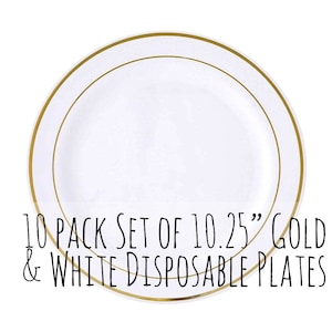 10.25&quot; Large Round Plates, Disposable Metallic Gold and White Stripe Plastic Plates, Gold Round Plate, Wedding, Gold Dinner Plate