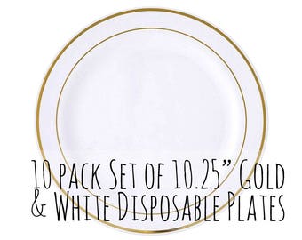 10.25" Large Round Plates, Disposable Metallic Gold and White Stripe Plastic Plates, Gold Round Plate, Wedding, Gold Dinner Plate