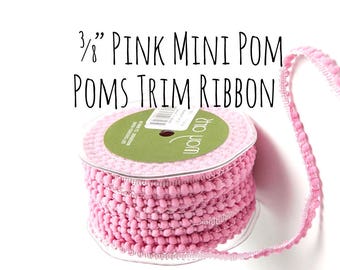 Pink Mini Pom Poms Ribbon, 3/8" Light Pink Pom Pom Ribbon Tape, Pom Pom Trim, Gift Ribbon, Gift Wrap, Hair Ribbon, Craft Supplies, Sewing