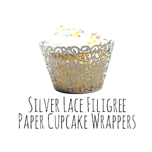 Iridescent Silver Lace Cutout Cupcake Wrappers, Leaf Filigree Cupcake Wrapper, Cupcake Liner, Laser Cut Cupcake Wrapper, DIY Wedding
