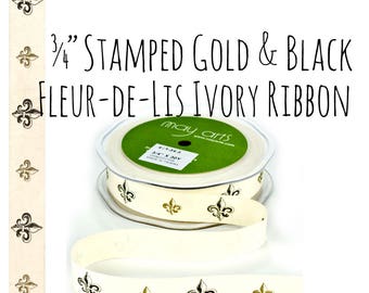Fleur de Lis Ribbon, 3/4" Ribbon, Fleur-de-lis Cotton Ribbon, Gold and Black Gift Ribbon, Gift Wrapping, Decorative Ribbon, Packaging Supply