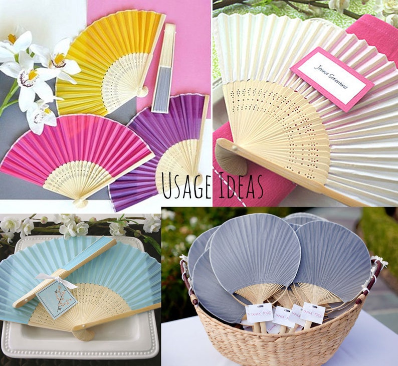 Op de afbeelding: Een collage van afbeeldingen die verschillende manieren laten zien om handventilatoren te gebruiken. De ventilatoren zijn gemaakt van papier en stof in verschillende kleuren, waaronder geel, roze, blauw en grijs. De ventilatoren zijn versierd met verschillende patronen en ontwerpen. Sommige ventilatoren hebben tekst erop, zoals "Jane Sorensen".