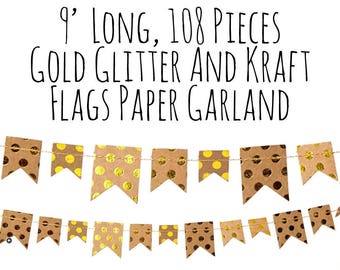 Metallic Gold Polka Dots and Kraft Paper Flags Garland Backdrop, Gold and Kraft Bunting Banner, wedding decoration, party decorations, decor