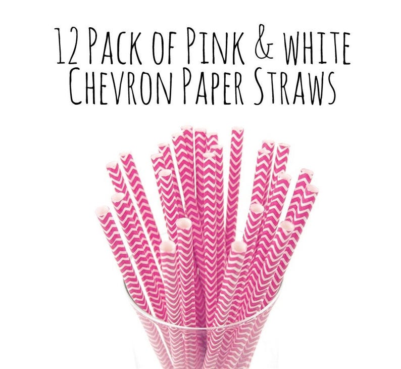 Party Decor Pink and White Chevron Striped Paper Straws Cake Pop Sticks Pink Chevron Drinks Straws Party Supplies One Dozen Pink Straws