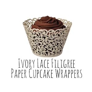 Ivory Lace Cutout Cupcake Wrappers, Leaf Vine Filigree Cupcake Wrappers, Cupcake Liners, Laser Cut Cupcake Wrappers, DIY Wedding