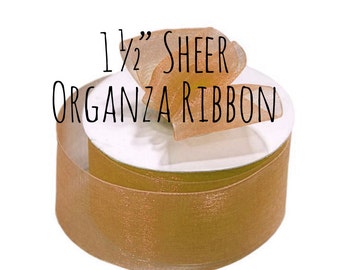 1 1/2" Gold Ribbon, 1.5 Inch Ribbon, Ribbon, Gold Shimmer Sheer Organza Ribbon,  Gift Ribbon, Gift Wrapping, Wedding Supplies, Craft Supply