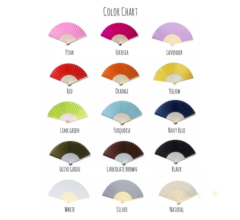 Op de afbeelding: Kleurenkaart met 15 verschillende kleuren handwaaieren. De waaieren zijn gerangschikt in een raster met de kleurnaam onder elke waaier. De kleuren zijn: roze, fuchsia, lavendel, rood, oranje, geel, limoengroen, turquoise, marineblauw, olijfgroen, chocoladebruin, zwart, wit, zilver en naturel.